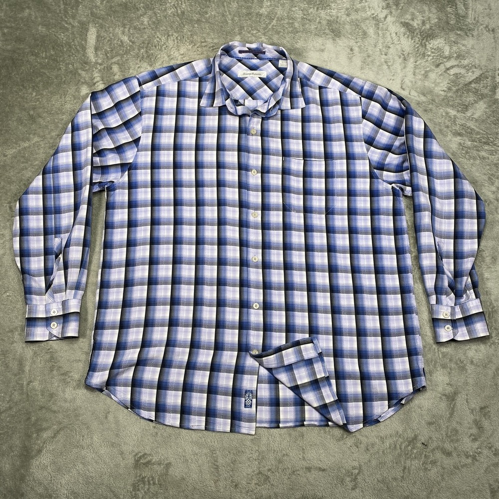 Tommy Bahama Shirt Mens XL Blue Plaid 100% Silk Button Up Long Sleeve Casual‎